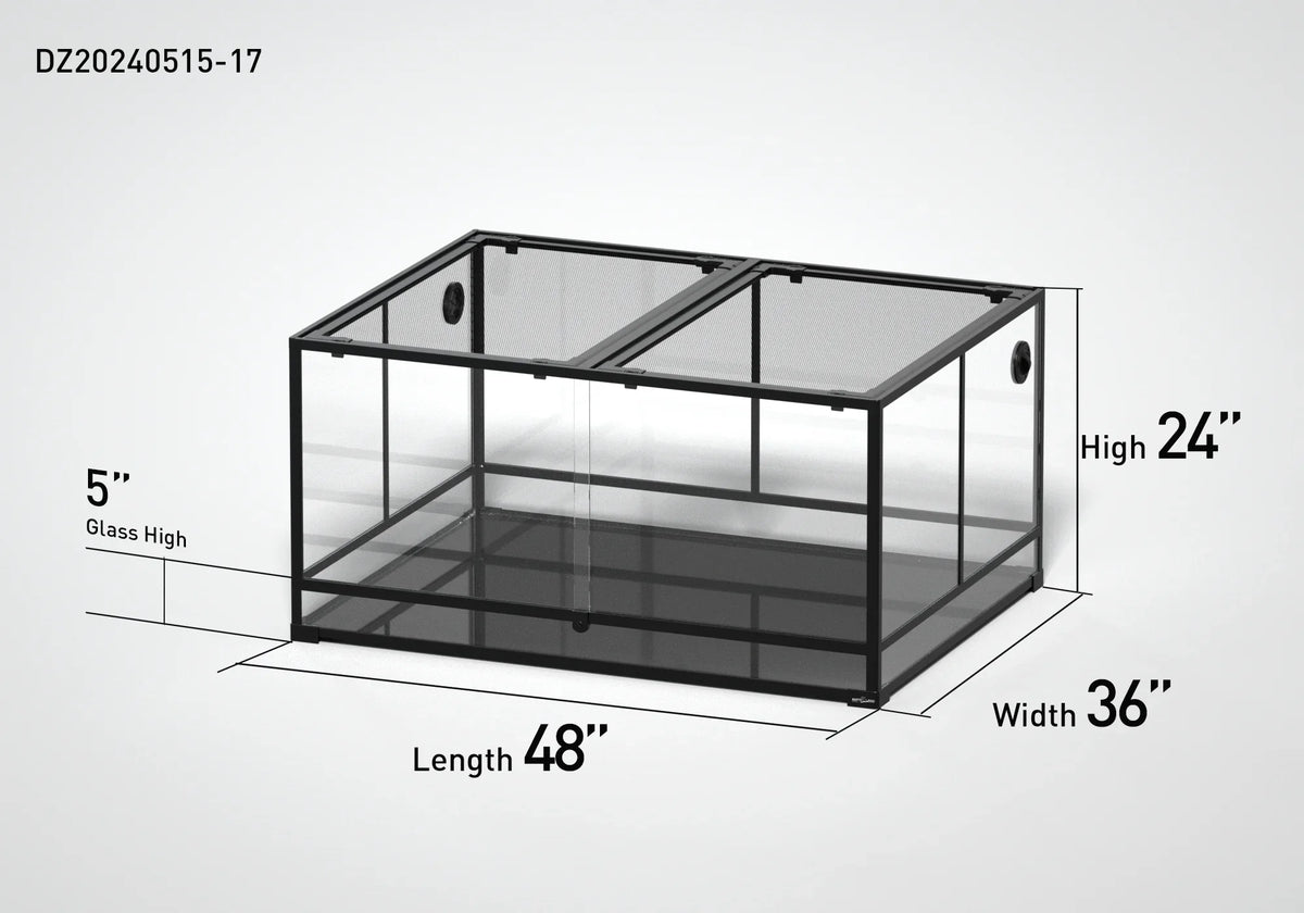 Large glass reptile terrarium with mesh top, 48x36x24 inches, ventilation side ports
