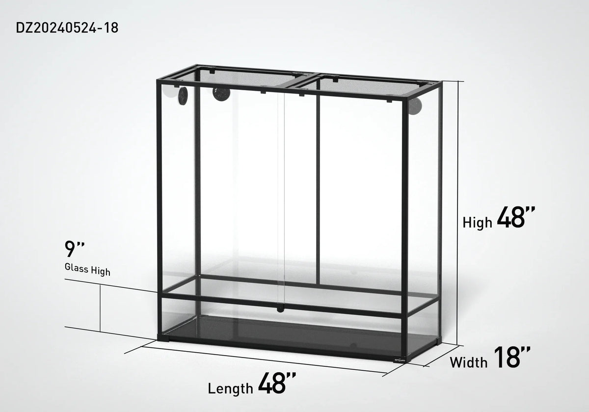 Large glass reptile terrarium cage, 48x18x48 inches, black frame, mesh tops, labeled dimensions Main image