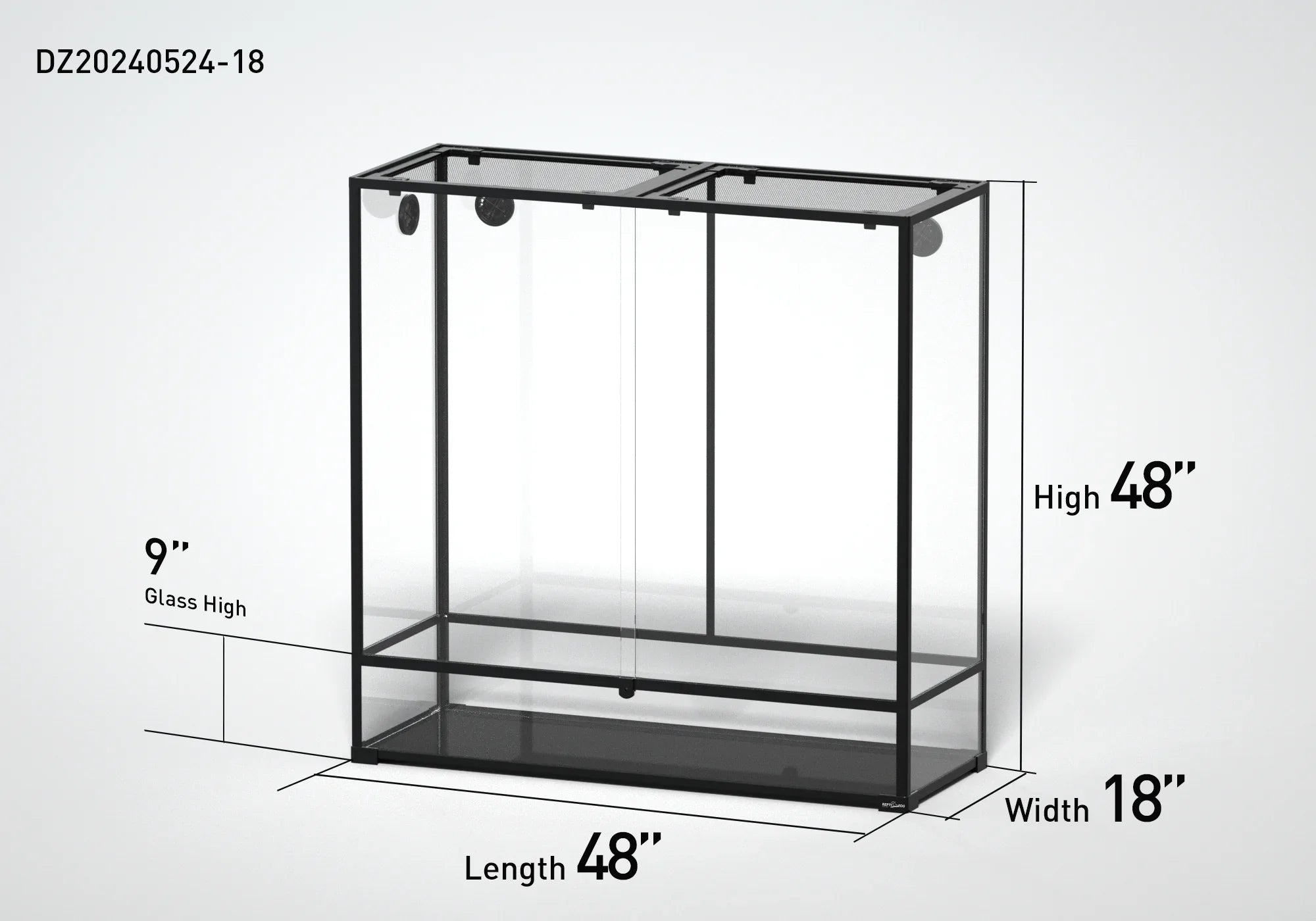 Large glass reptile terrarium cage, 48x18x48 inches, black frame, mesh tops, labeled dimensions