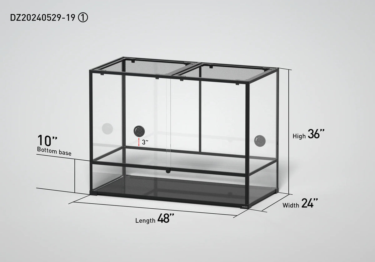 Large glass reptile terrarium with mesh lid, measuring 48x24x36 inches, black frame Main image