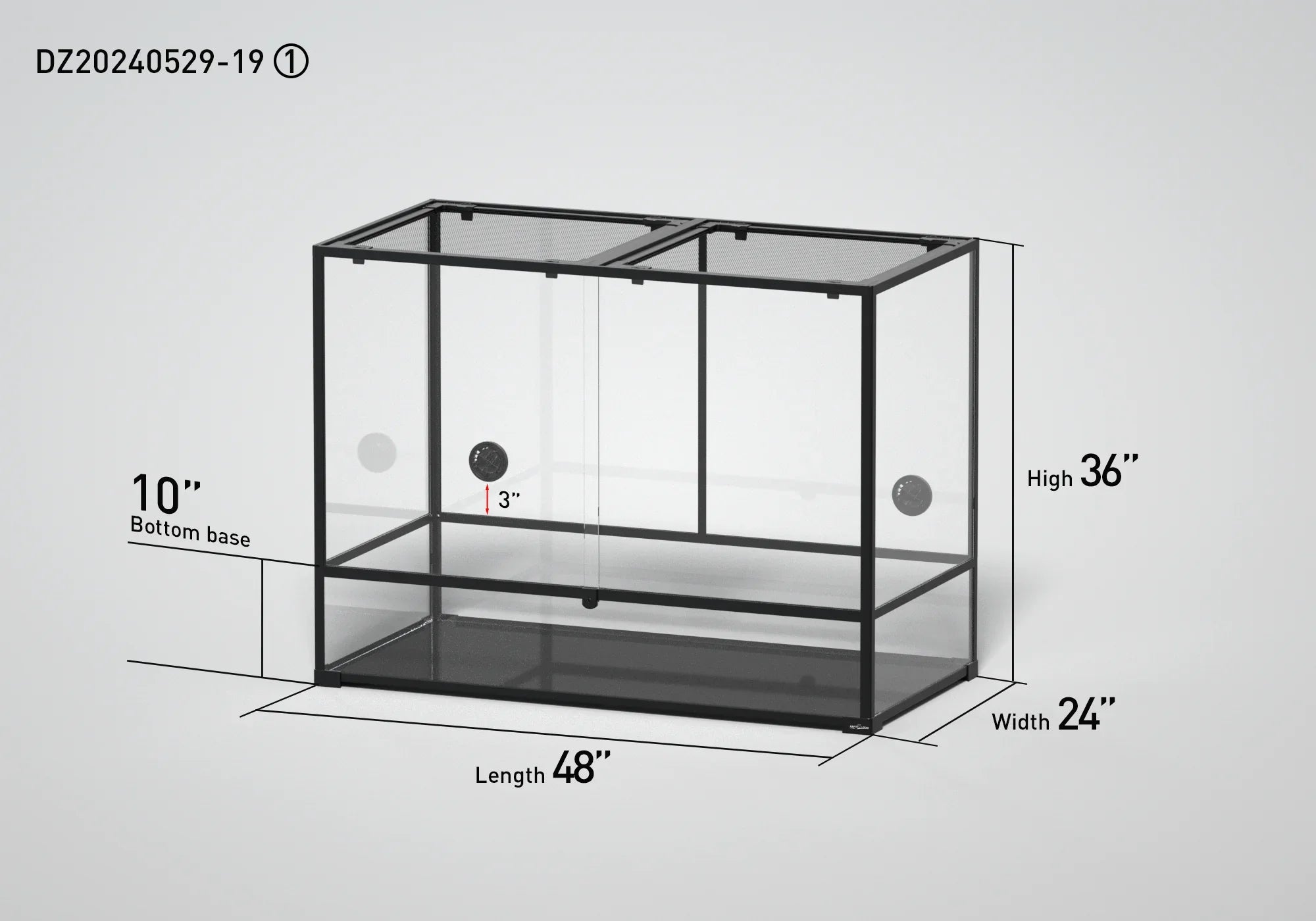 Large glass reptile terrarium with mesh lid, measuring 48x24x36 inches, black frame