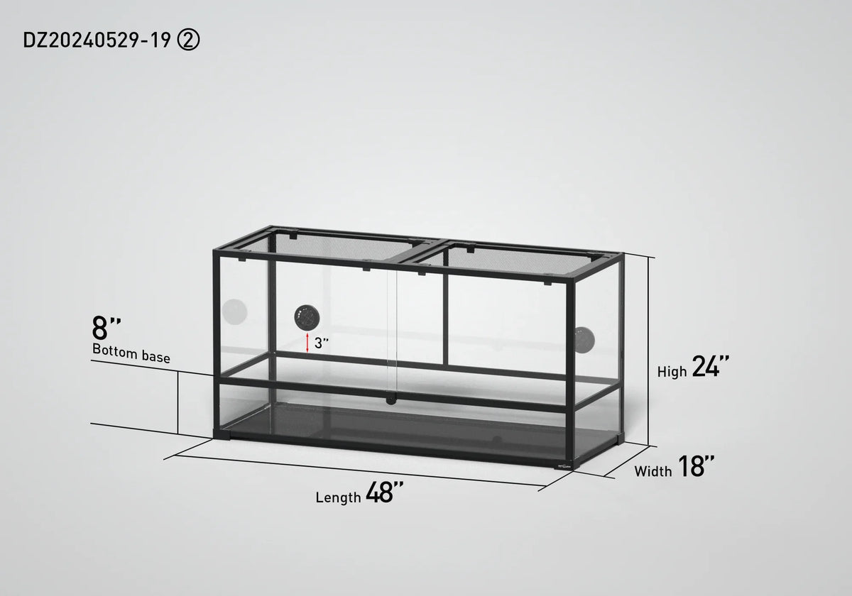 Glass reptile terrarium cage with metal frame, mesh top, and labeled dimensions 48x18x24 inches.