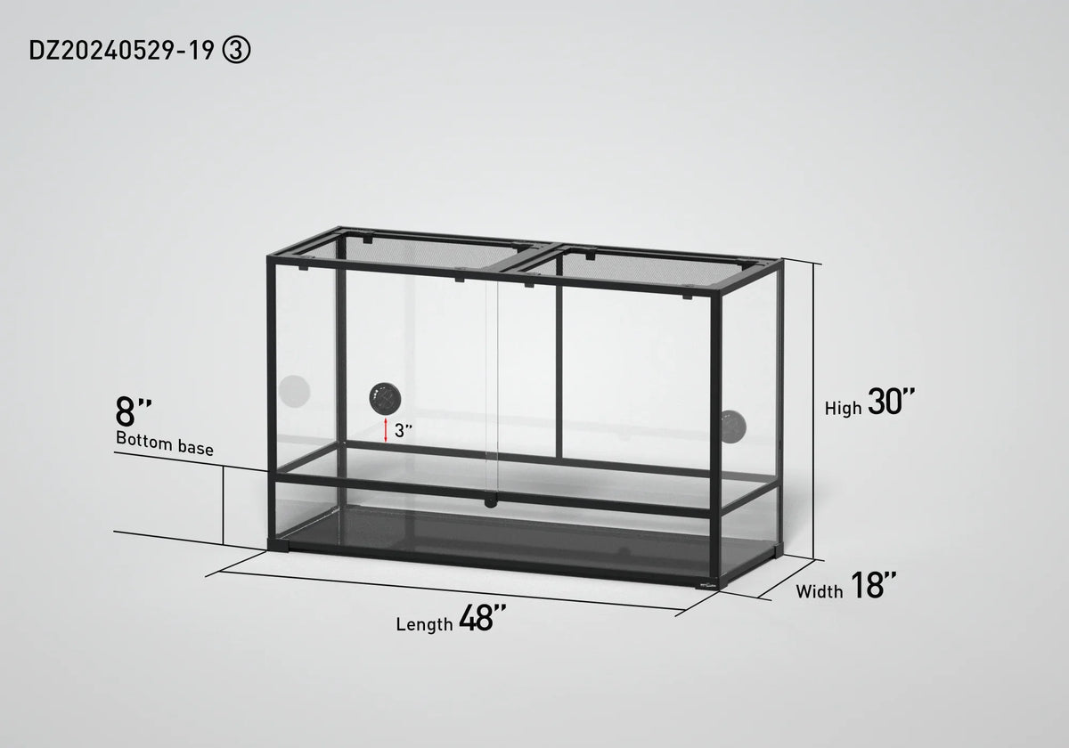 Glass reptile terrarium with mesh top, 48x18x30 inches, labeled dimensions shown. Main image