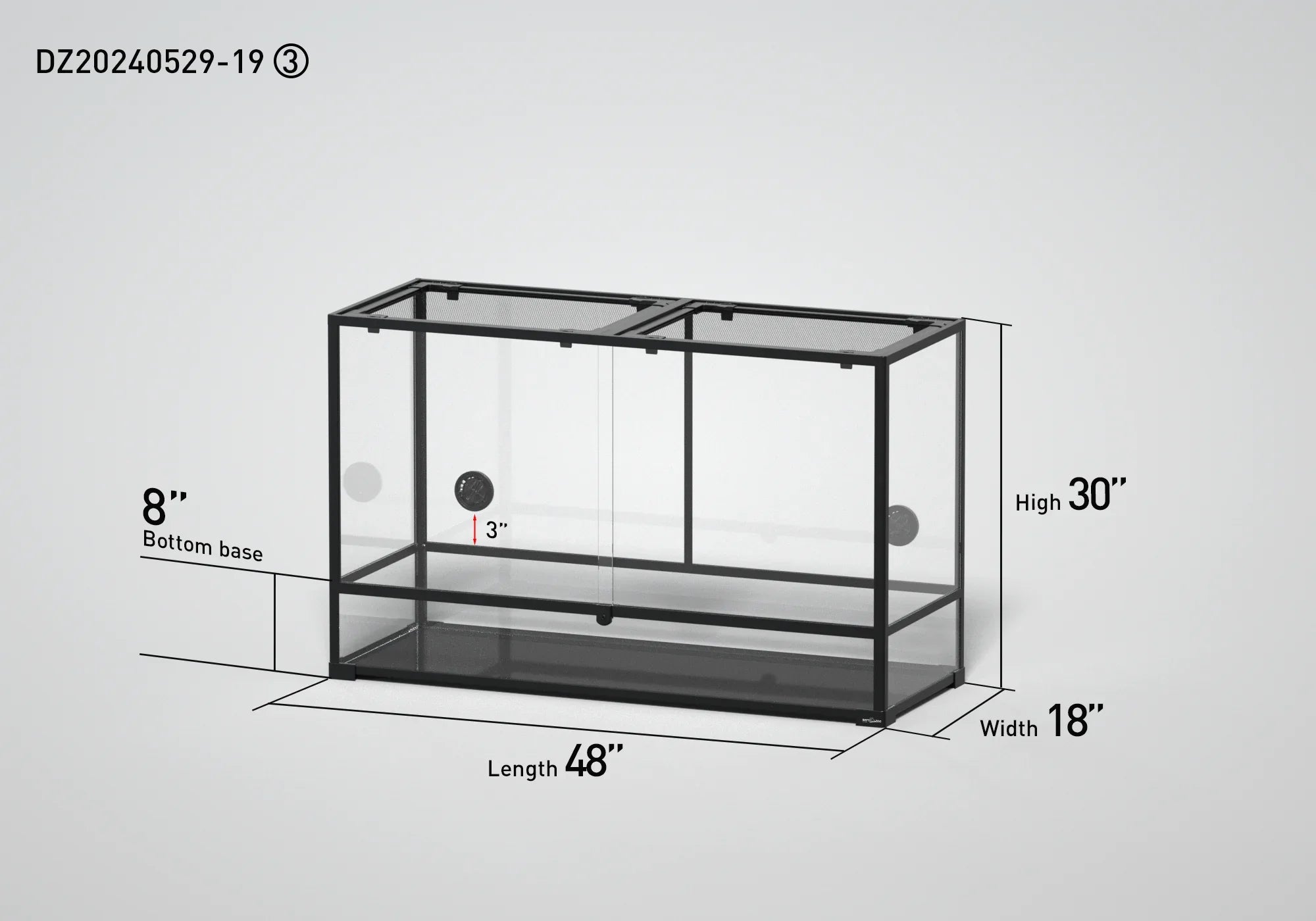 Glass reptile terrarium with mesh top, 48x18x30 inches, labeled dimensions shown.