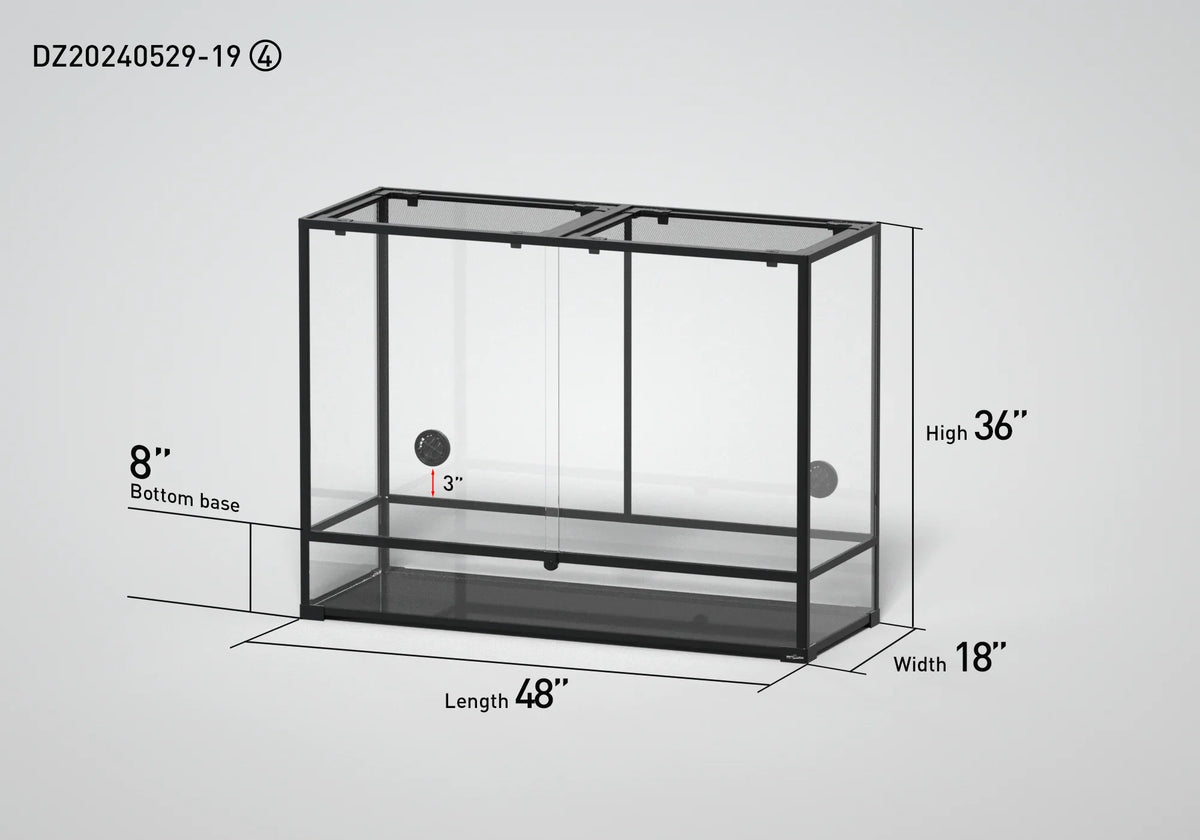 Glass reptile terrarium with mesh top, sliding doors, and dimensions 48x18x36 inches Main image