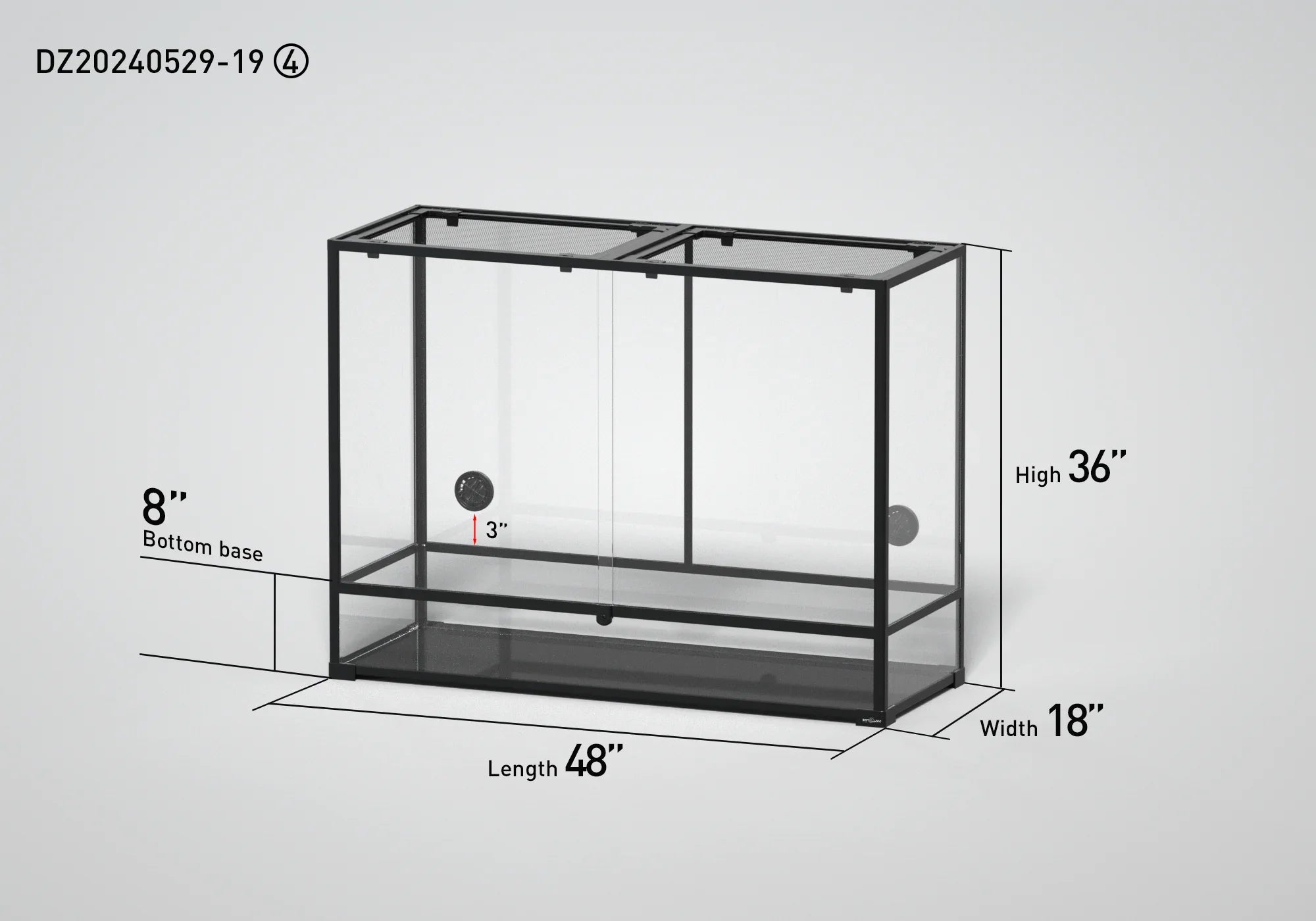 Glass reptile terrarium with mesh top, sliding doors, and dimensions 48x18x36 inches