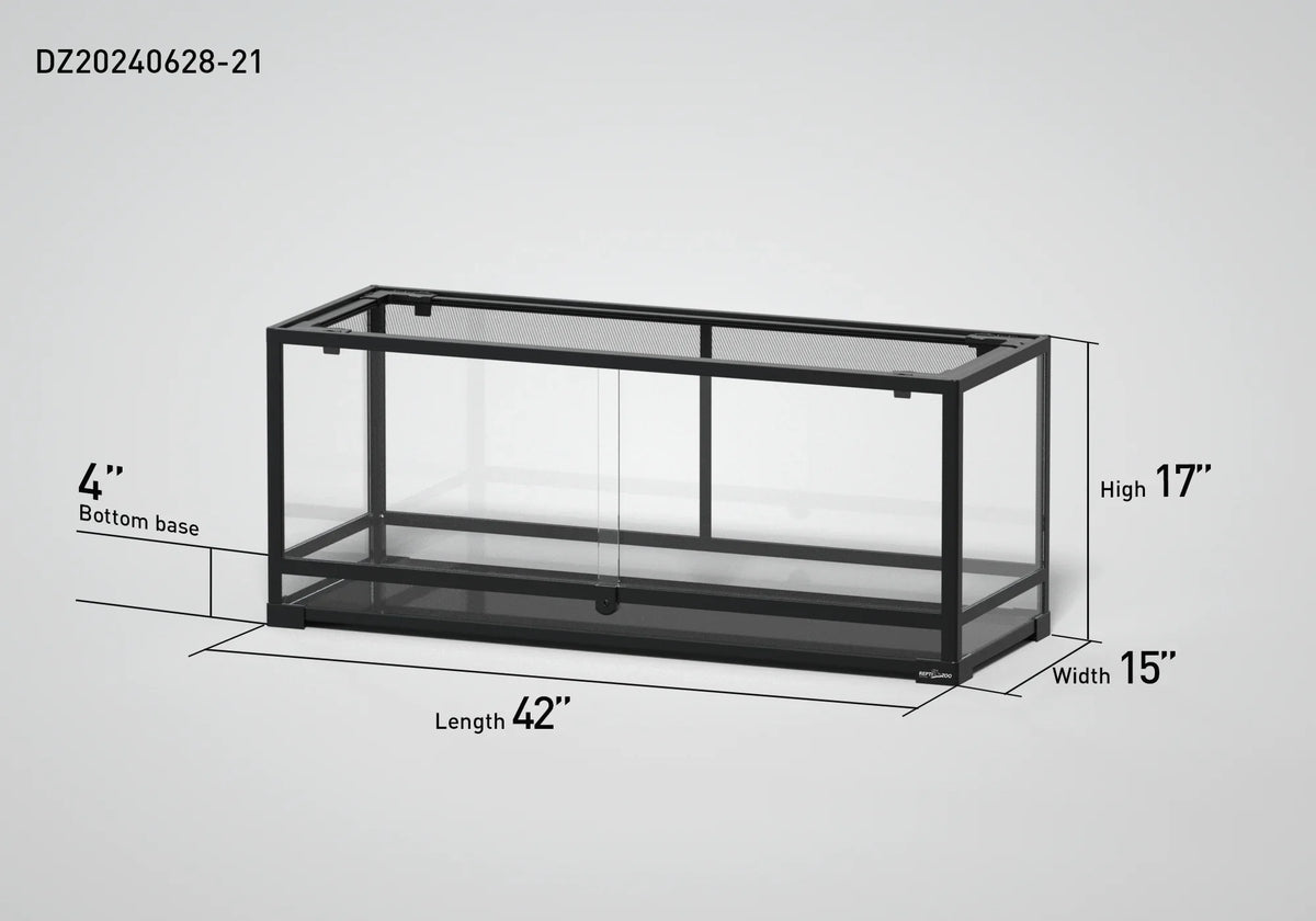 Glass reptile terrarium with mesh top, 42x15x17 inches, labeled dimensions, black frame. Main image