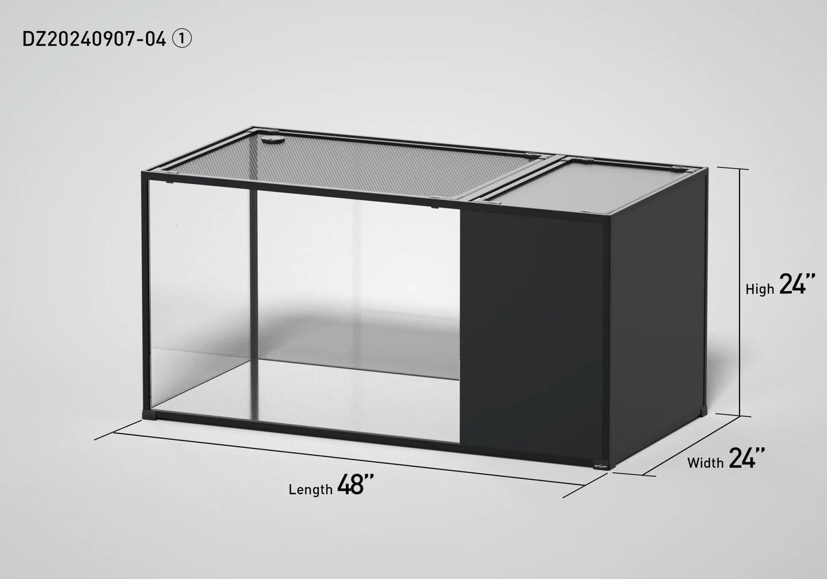 Large glass reptile terrarium with mesh top, measuring 48x24x24 inches, side view Main image