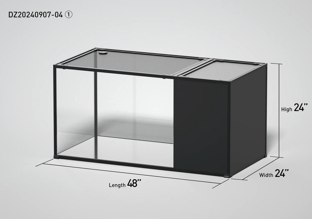 Large glass reptile terrarium with mesh top, measuring 48x24x24 inches, side view