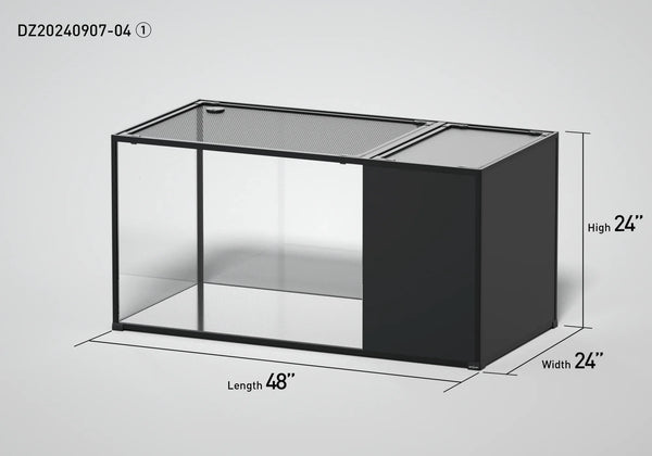 Large glass reptile terrarium with mesh top, measuring 48x24x24 inches, side view