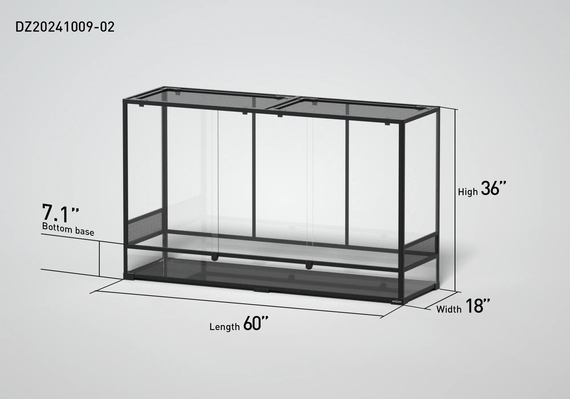 Large glass terrarium with mesh top, 60x18x36 inch reptile enclosure dimensions displayed. Main image