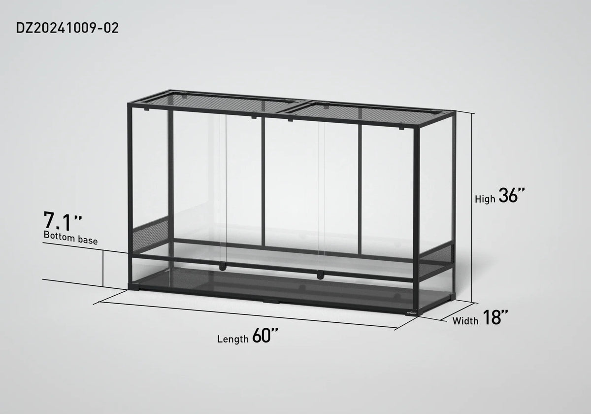 Large glass terrarium with mesh top, 60x18x36 inch reptile enclosure dimensions displayed.