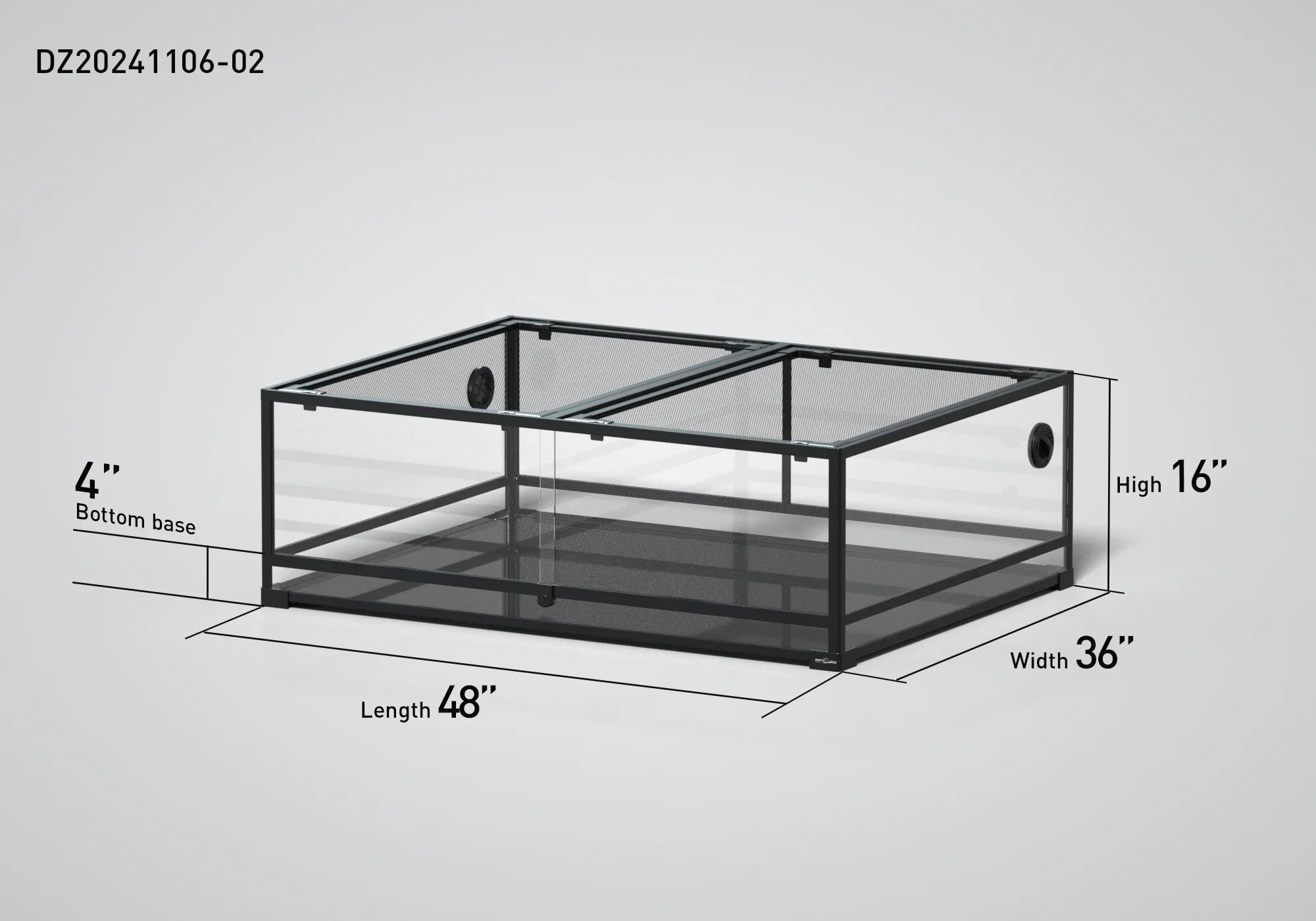 Large glass reptile terrarium cage with mesh top, 48x36x16 inches, side ventilation