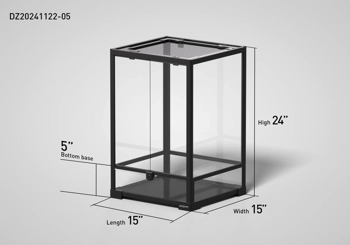 Tall glass reptile terrarium with black frame, mesh top, and dimensions 15x15x24 inches shown. Main image