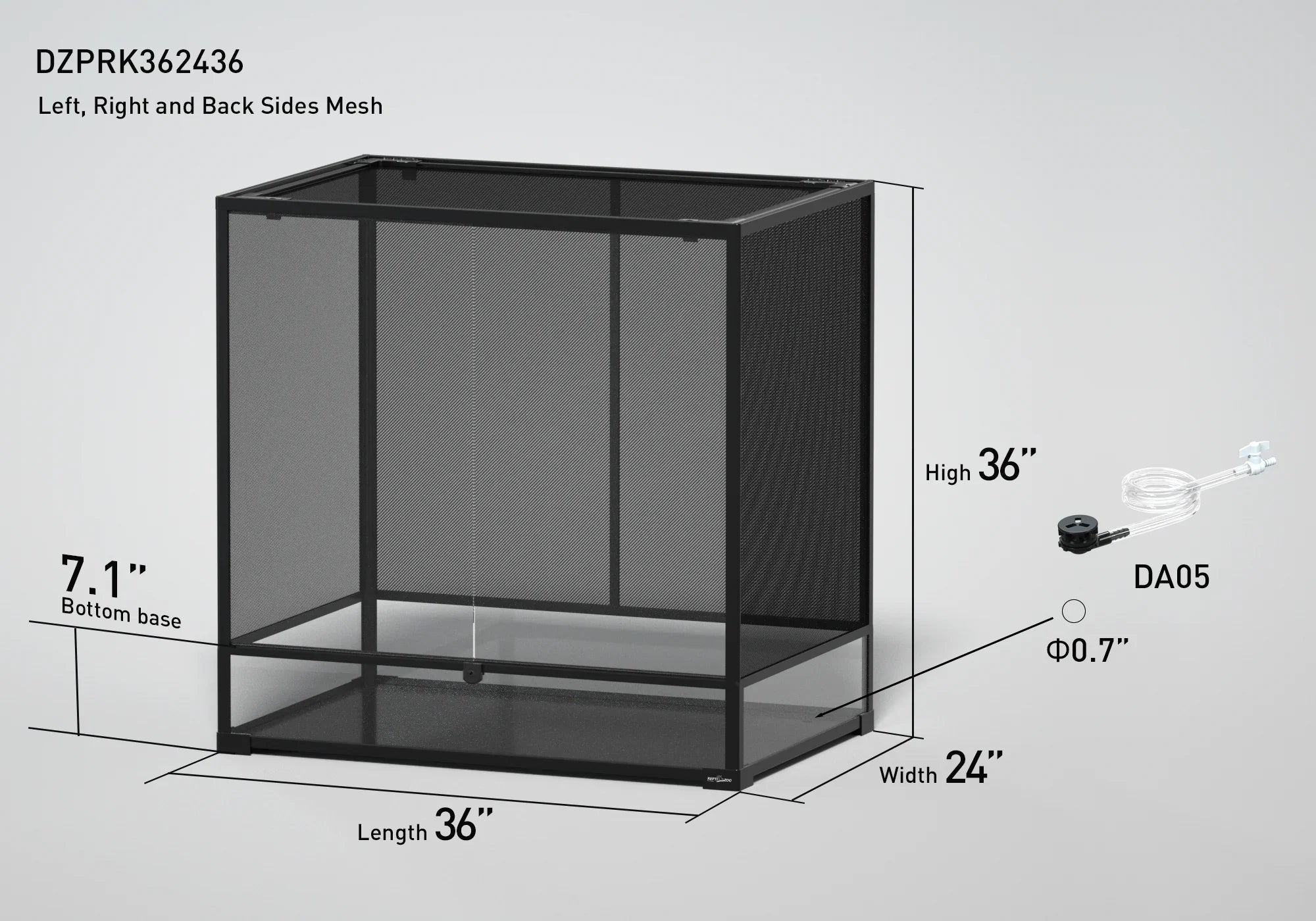Mesh reptile terrarium, 36x24x36 inches, labeled dimensions, with misting system accessory. Main image