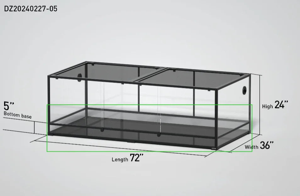 Large glass reptile terrarium, 72x36x24 inches, with 5-inch base, shown in diagram Main image