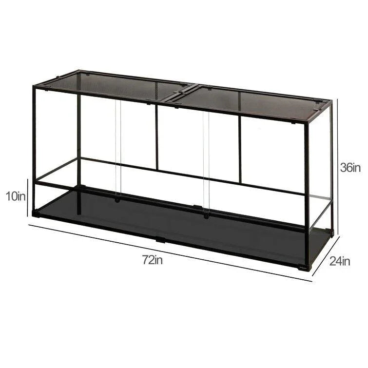 Large glass reptile terrarium cage, 72x24x36 inches, with metal frame and measured dimensions