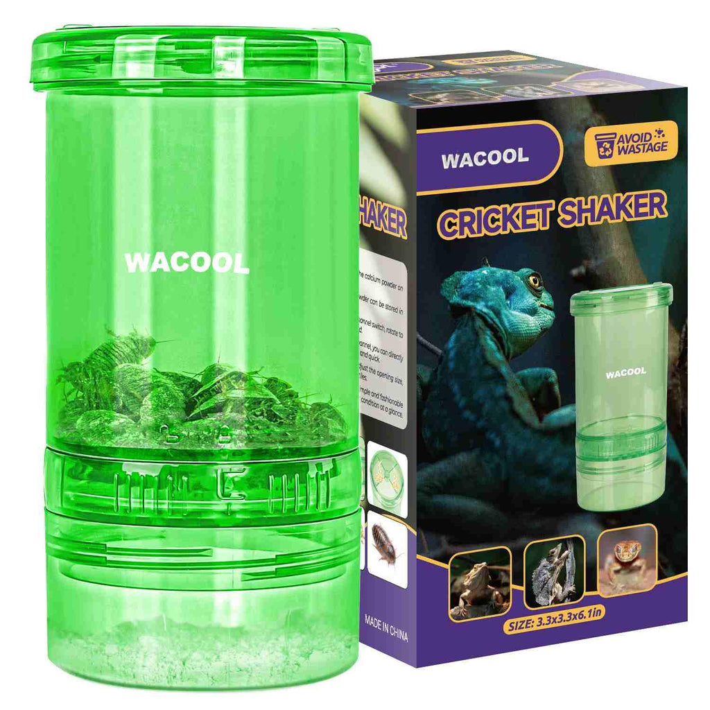 Green cricket shaker feeder for reptiles with box packaging, live feeder insects inside.