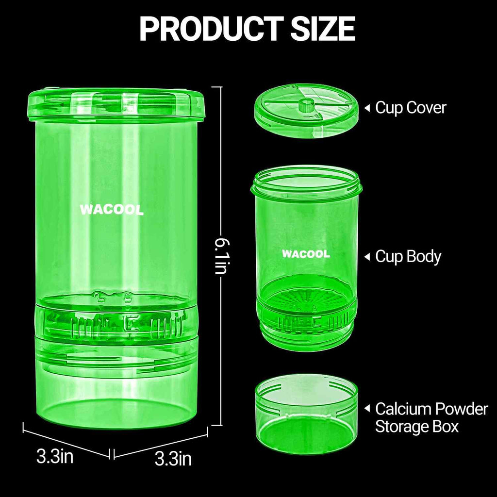 Green reptile calcium powder storage container with lid, 6.1x3.3 inch, labeled parts