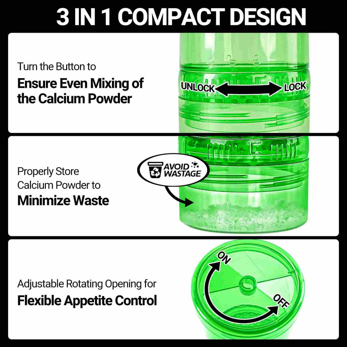 Green 3-in-1 reptile calcium powder dispenser with compact design and adjustable lid