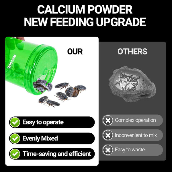 Comparison of reptile calcium powder feeders, showing green container with feeder insects and benefits list.