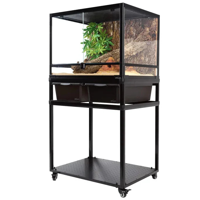 Stackable reptile terrarium on wheels with glass sides, drawers, and natural decor setup Main image