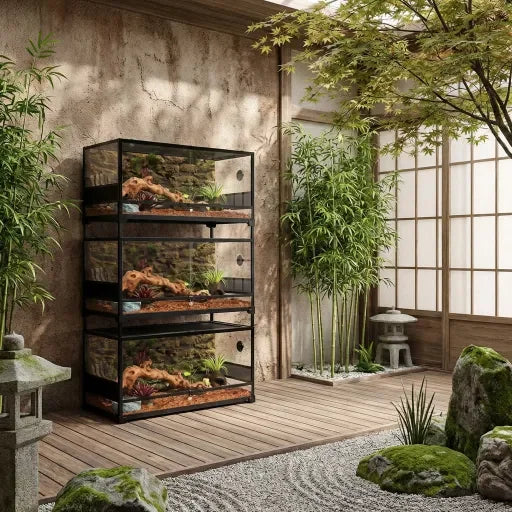 Modern reptile terrarium cages stacked in a Japanese-inspired indoor garden space