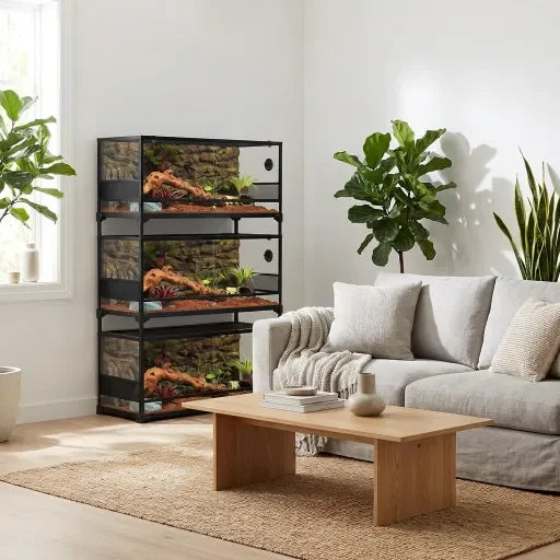 Stacked reptile terrariums with plants and branches in a modern living room setting