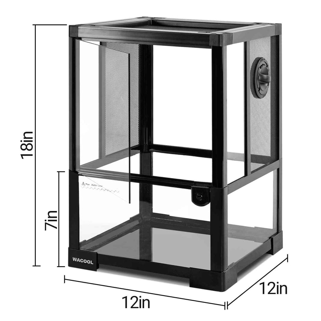 Small black reptile terrarium 12x12x18 inches with mesh sides and front door opening.