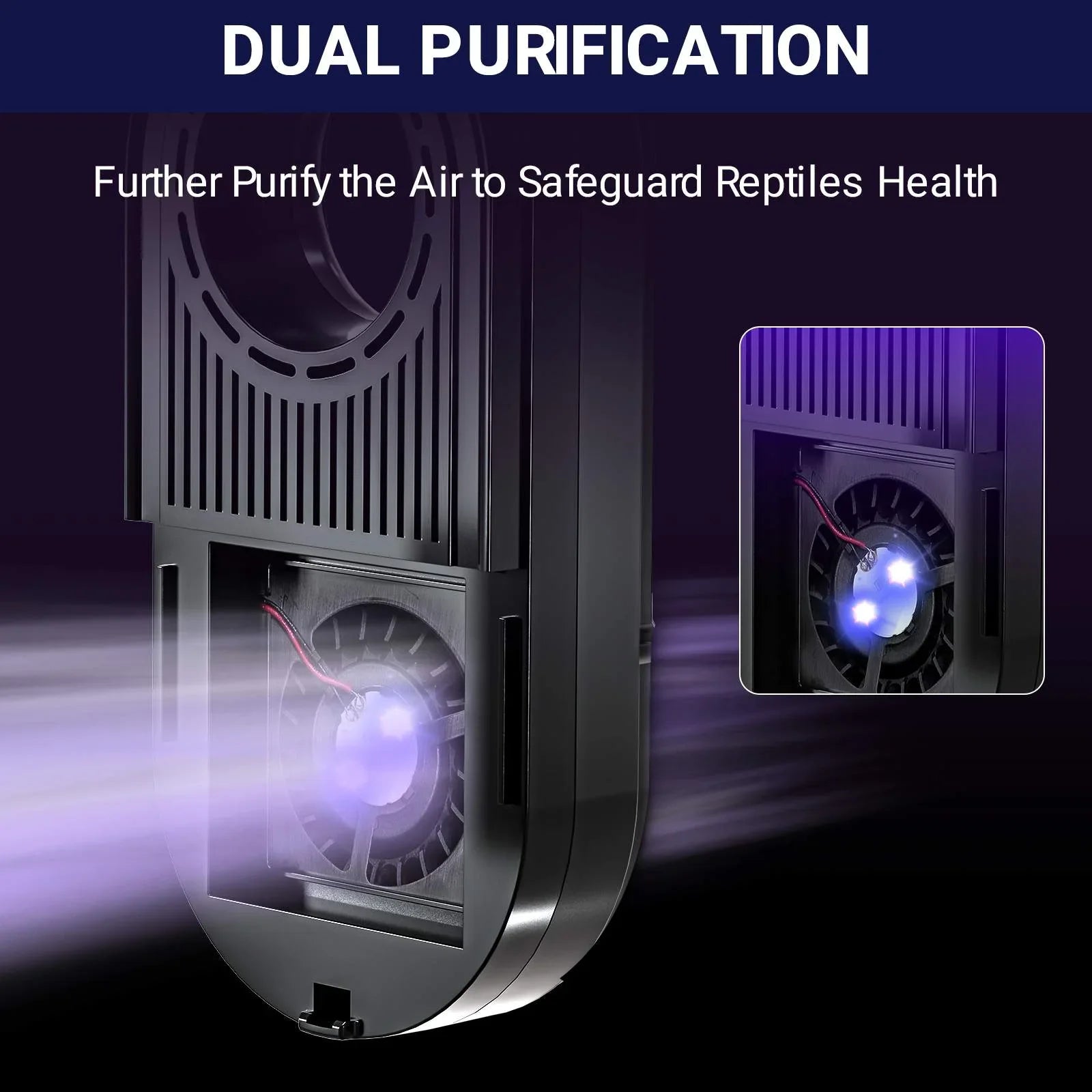 Reptile terrarium air purifier device with dual purification feature and glowing UV light