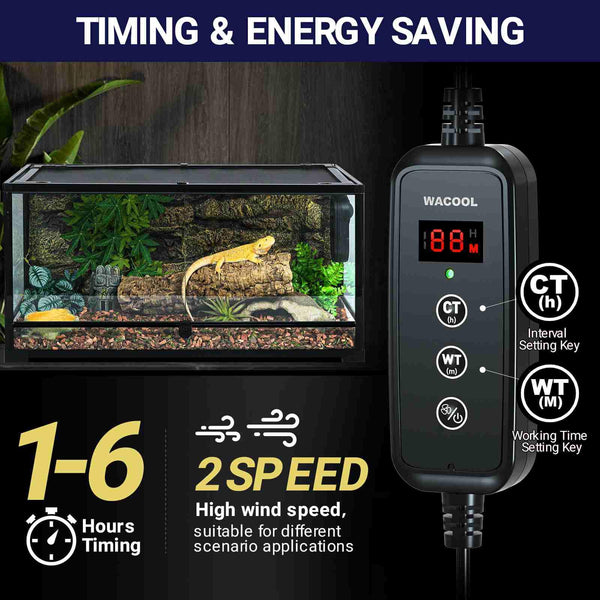 Digital timer fan controller beside reptile terrarium with lizard, plants, and bark decorations