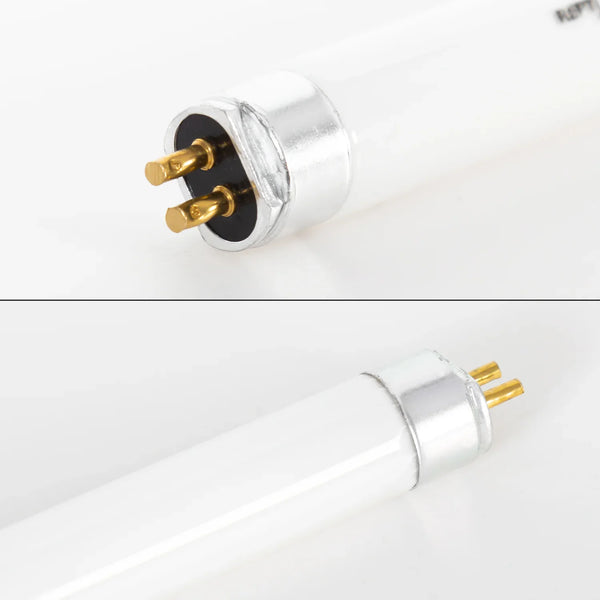 Close-up of a UVB fluorescent tube light for reptile terrariums, showing end pins and white body.