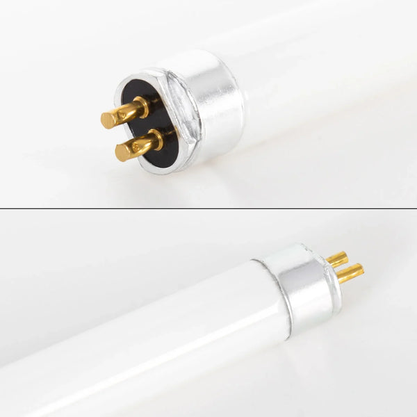 Close-up of T5 UVB fluorescent reptile terrarium light tube with metal end caps
