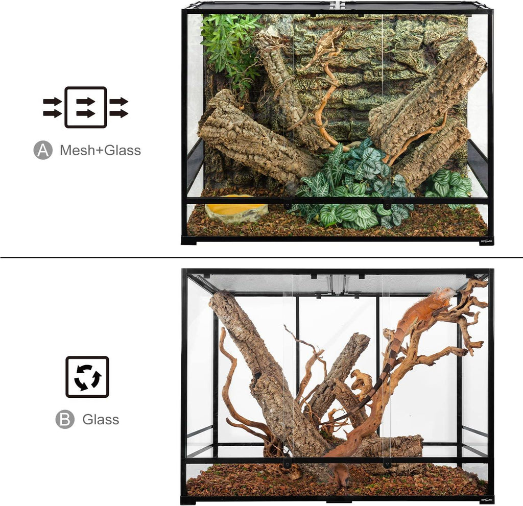 Vertical reptile terrarium with mesh and glass options, natural wood branches, artificial plants, and a lizard climbing inside.