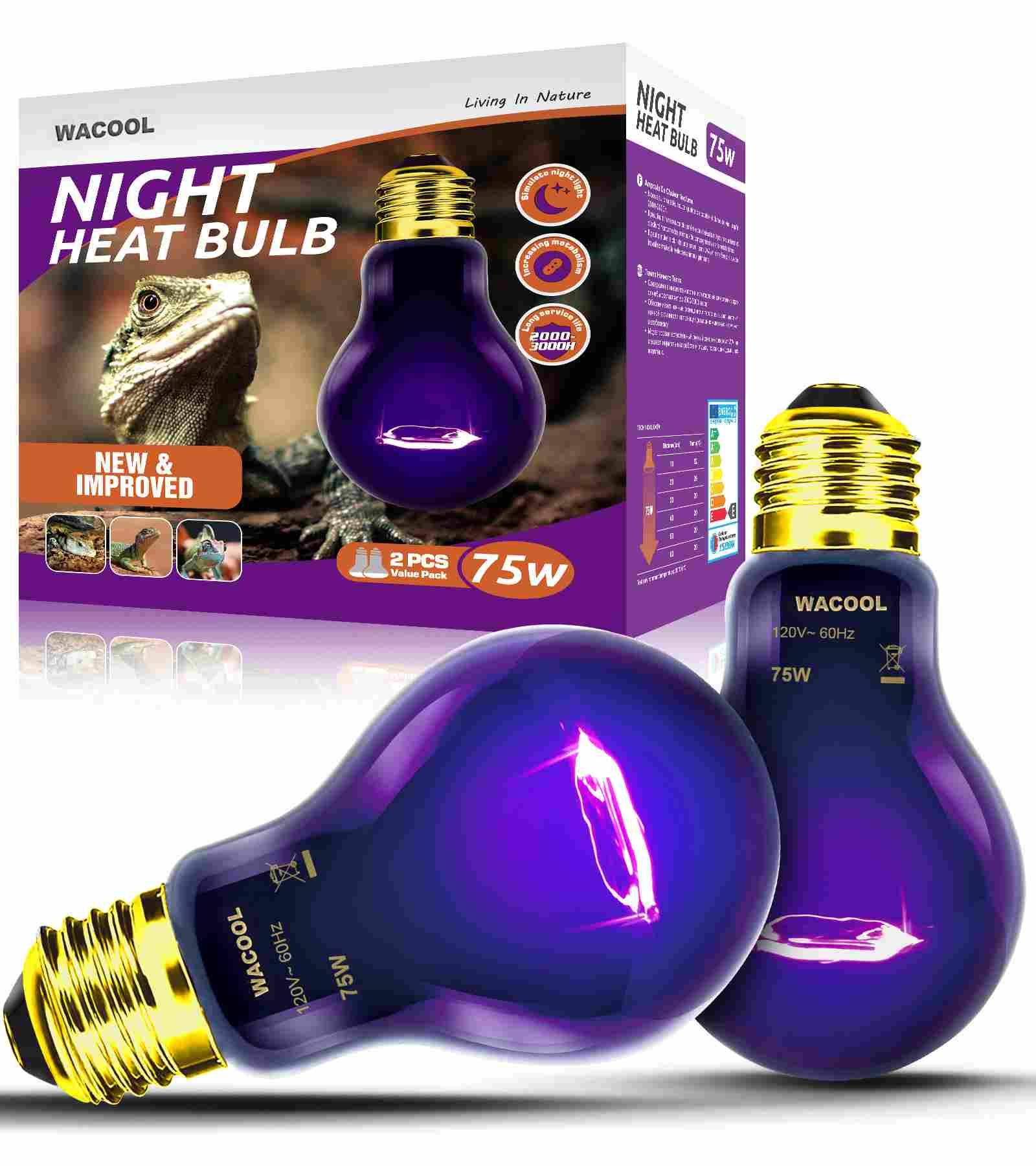75W purple night heat bulb for reptile terrariums, with product box and lizard image Main image