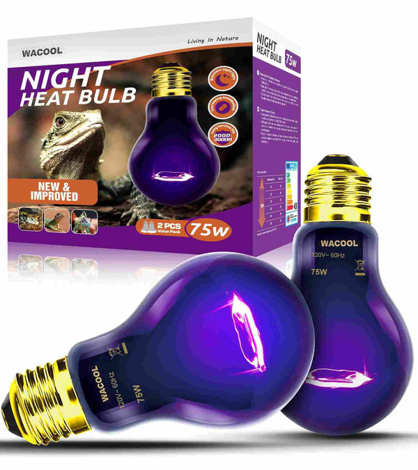 75W purple night heat bulb for reptile terrariums, with product box and lizard image