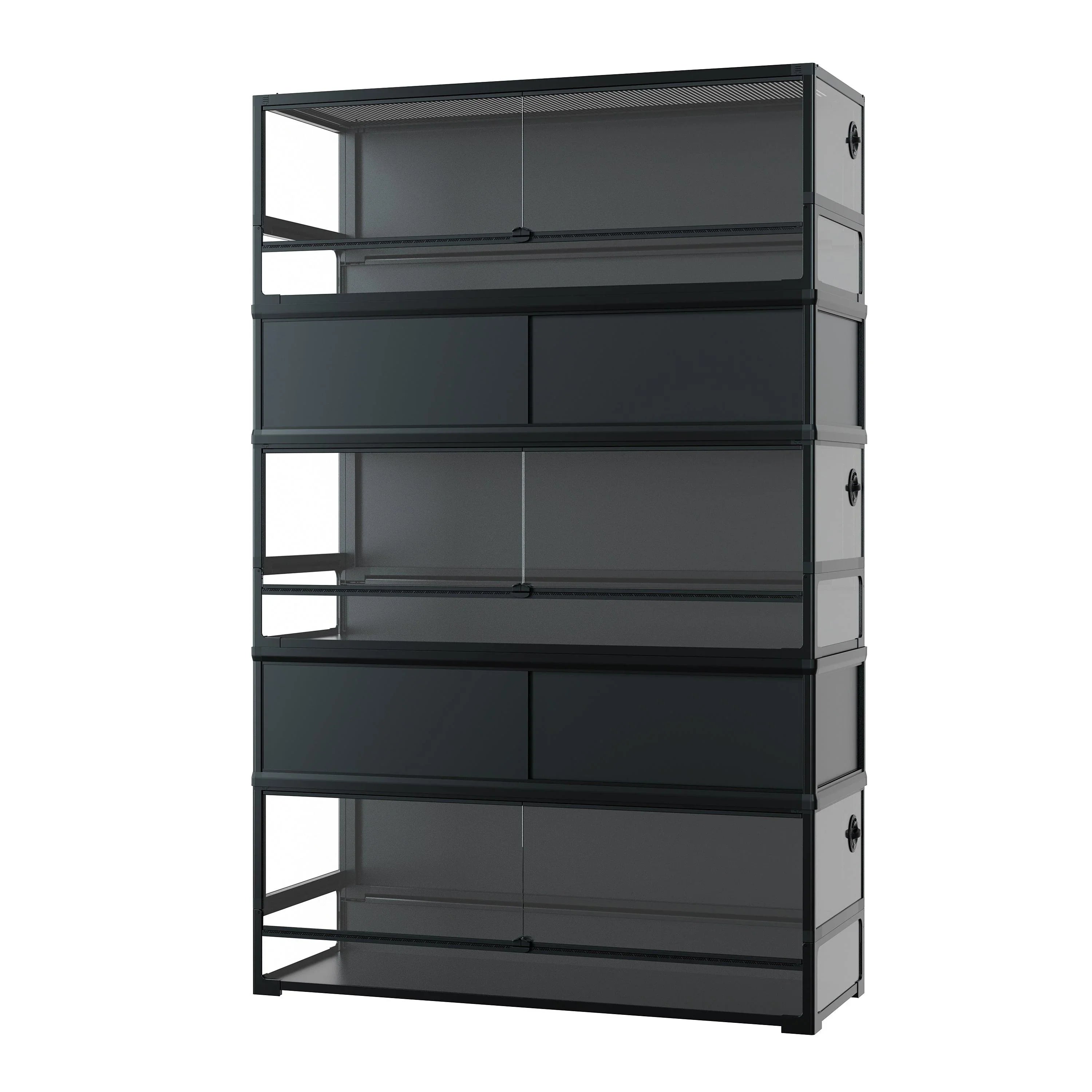 Stacked black reptile terrariums with glass sliding doors and ventilation panels Main image