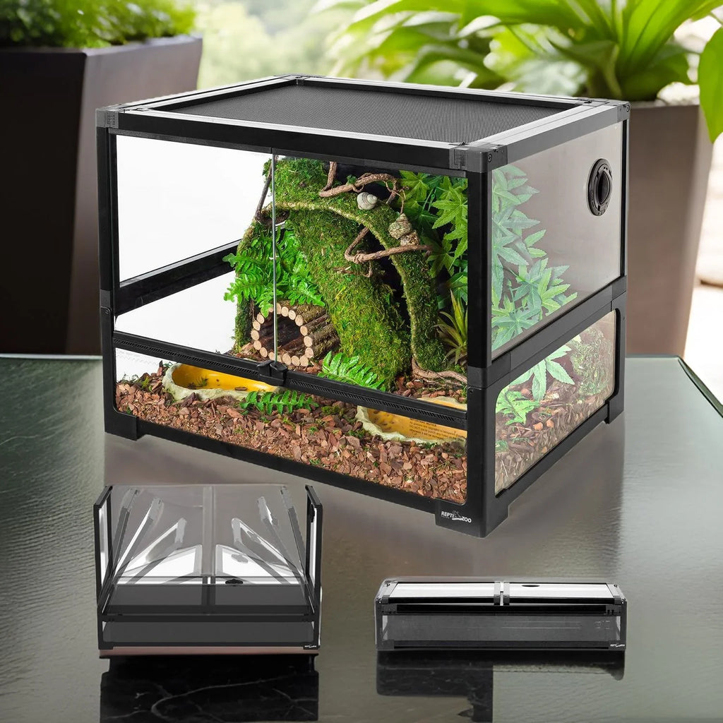 PVC reptile terrarium with front glass doors, realistic plants, and secure mesh top.