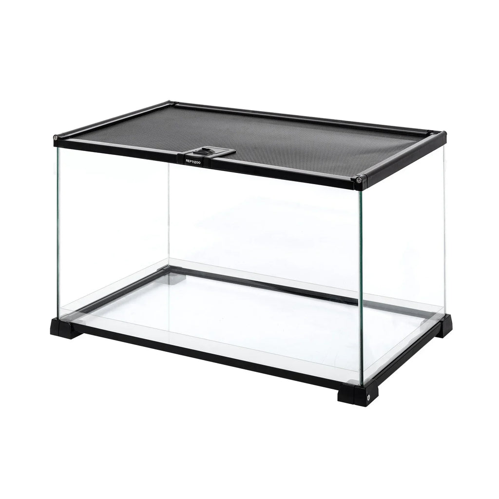 Glass reptile terrarium with black frame and mesh top, ideal for small reptiles or amphibians