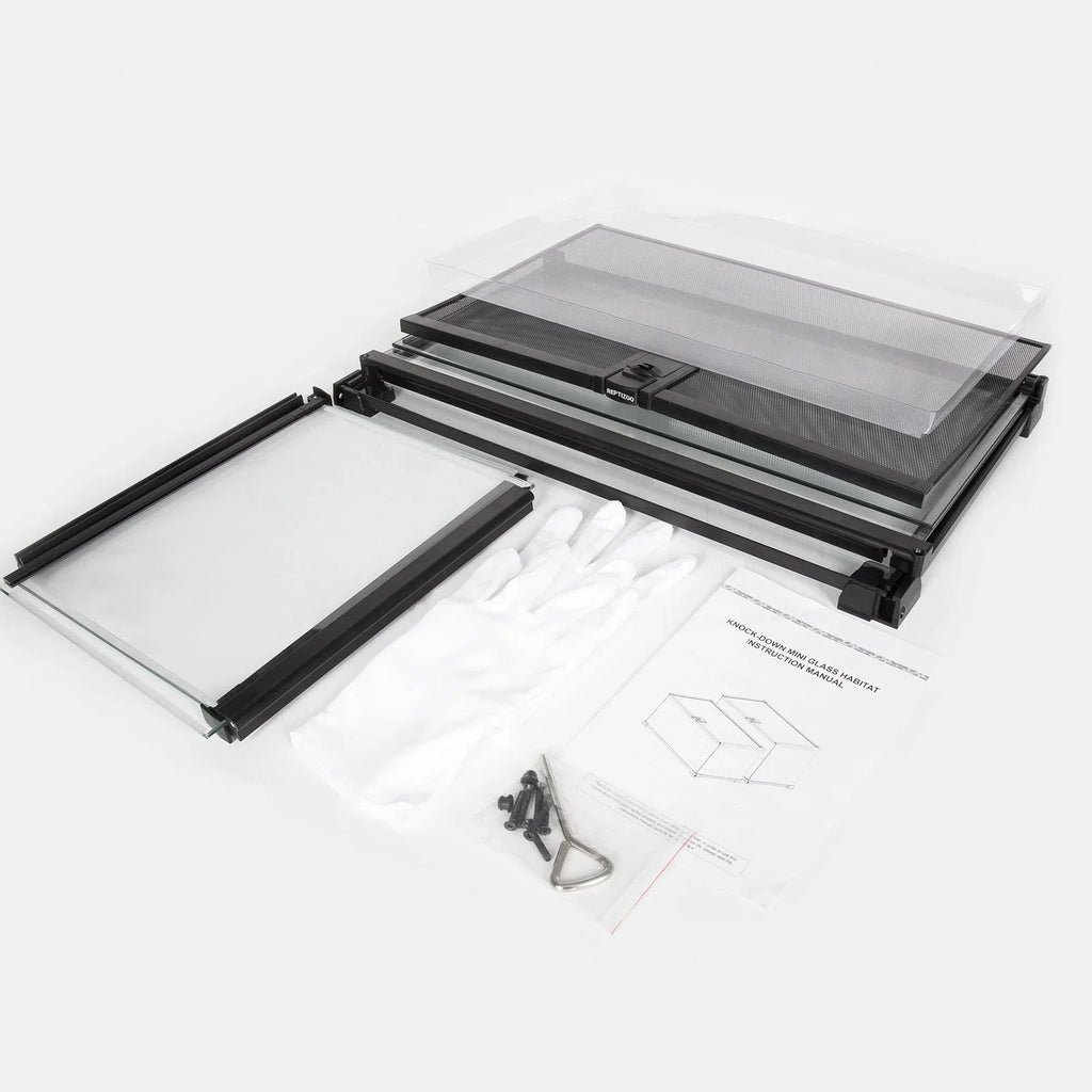 Knockdown glass reptile terrarium kit with mesh lid, gloves, screws, and instruction manual.