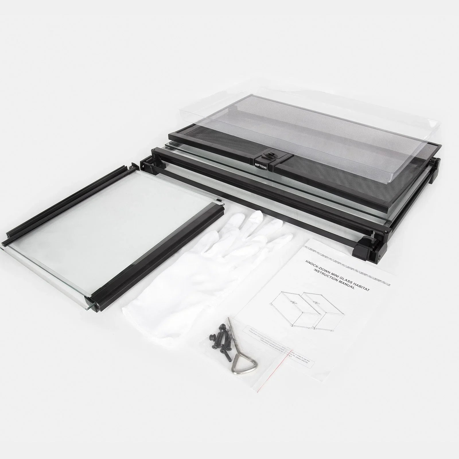 Knockdown glass reptile terrarium kit with mesh lid, gloves, screws, and instruction manual.