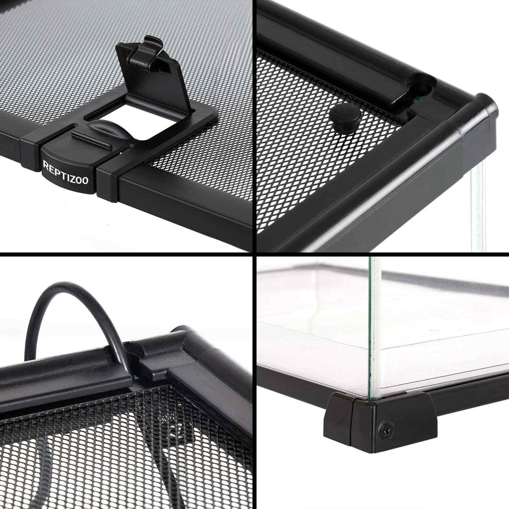 Close-up details of black mesh reptile terrarium top, secure lock, corner, and cable slot.