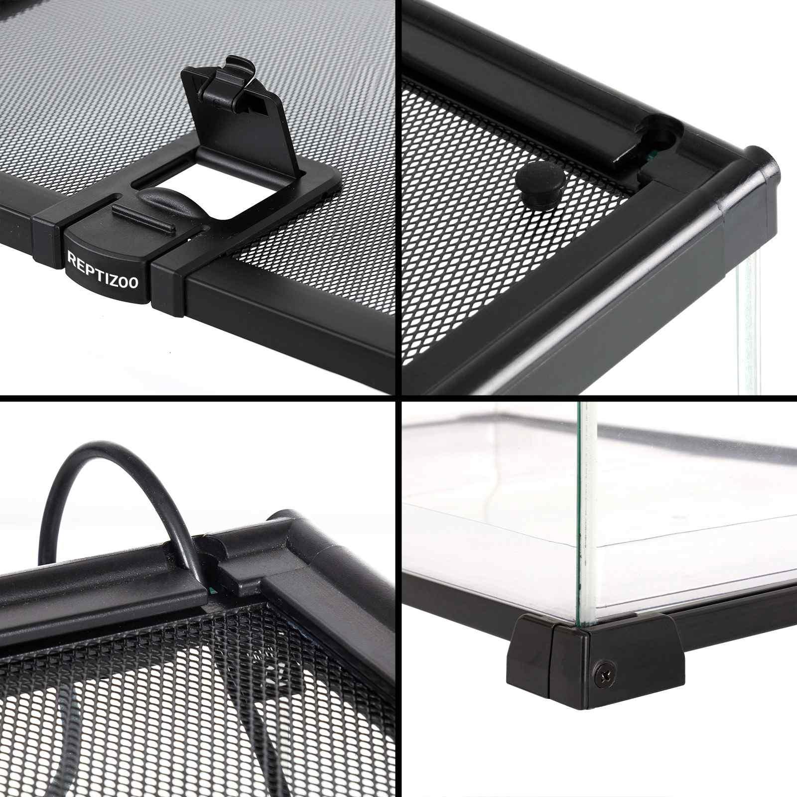 Close-up details of black mesh reptile terrarium top, secure lock, corner, and cable slot.