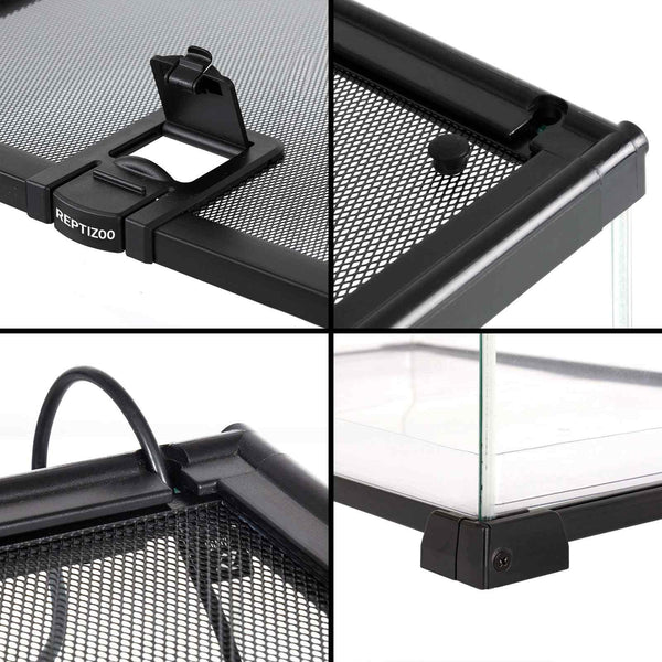 Close-up details of black mesh reptile terrarium top, secure lock, corner, and cable slot.