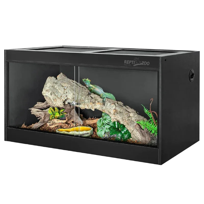 120 gallon PVC reptile enclosure with glass front, log, plants, and a lizard inside