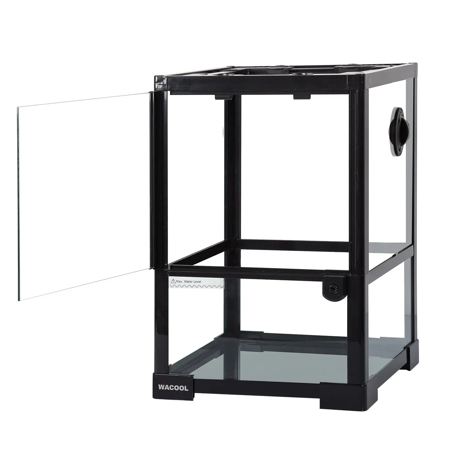 Glass reptile terrarium with open front door, black frame, and side ventilation port Main image