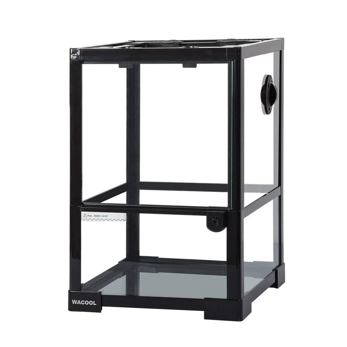 Vertical glass reptile terrarium with black frame and ventilation panel, ideal for pet reptiles