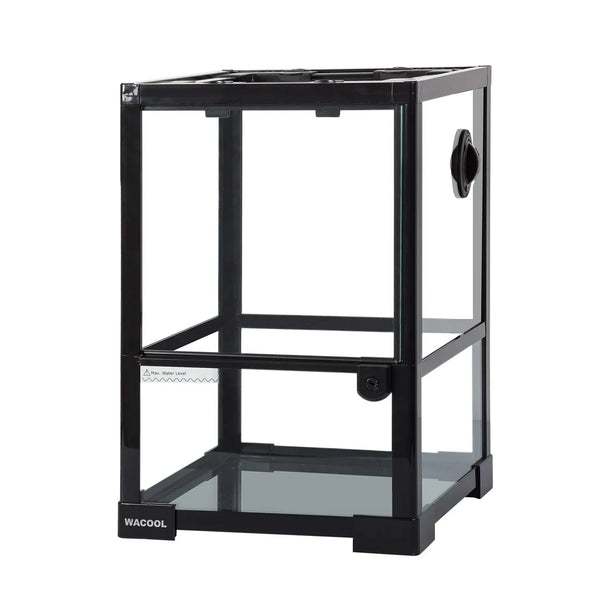 Vertical glass reptile terrarium with black frame and ventilation panel, ideal for pet reptiles