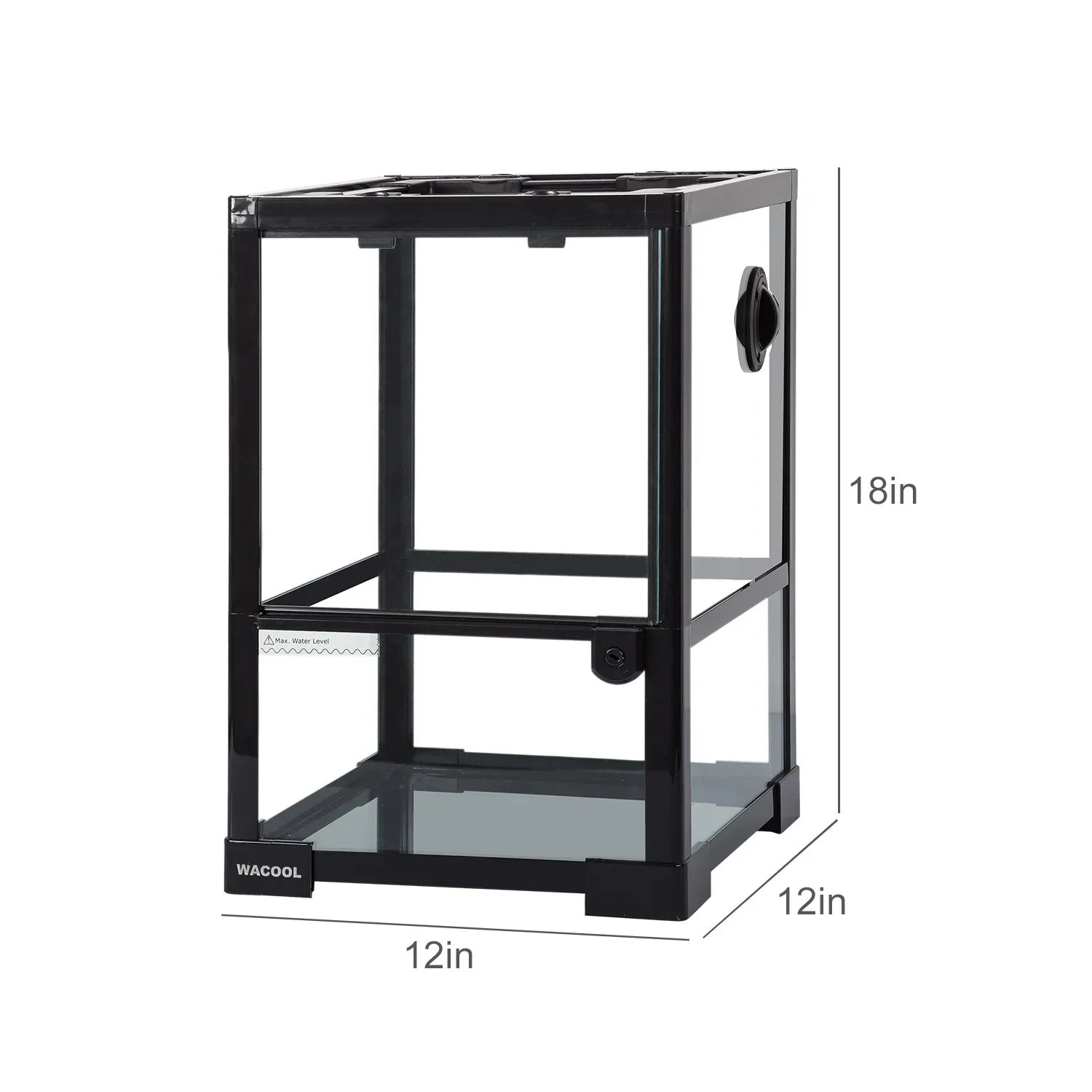 12x12x18 inch glass reptile terrarium with black frame, front door, and ventilation port
