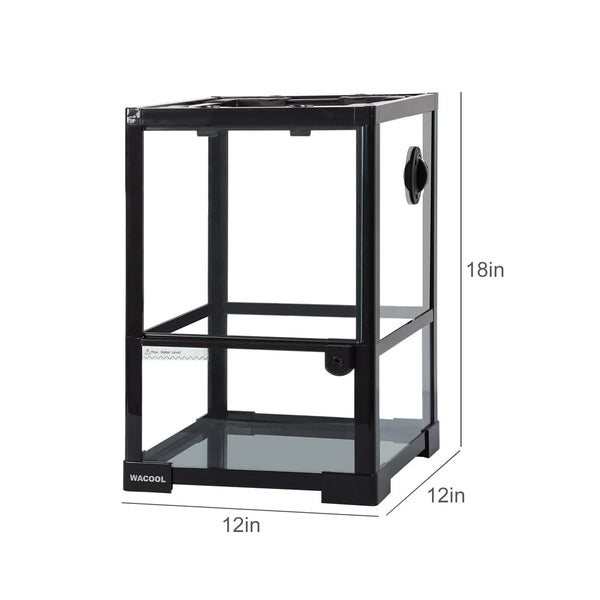 12x12x18 inch glass reptile terrarium with black frame, front door, and ventilation port